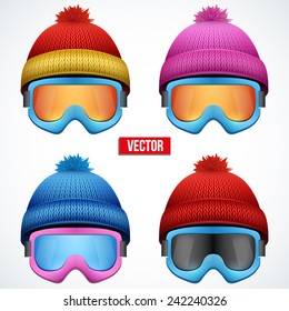 Set of Knitted woolen cap with snow goggles. Winter seasonal sport hat. Vector illustration isolated on white background.