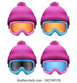 Set of Knitted woolen pink caps with snow goggles. Winter seasonal sport hat. Vector illustration isolated on white background.