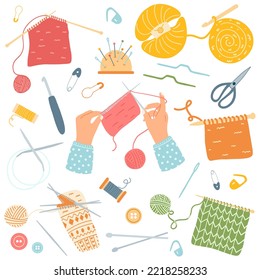 Conjunto de accesorios de tejido al estilo de dibujos animados. Concepto de pasatiempo, tiempo libre. Ilustración vectorial de tela de punto, agujas, crochet, chispa, incushión.