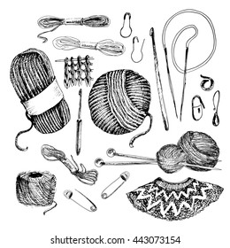 Set of knitting accessories. Hand drawn graphic illustrations