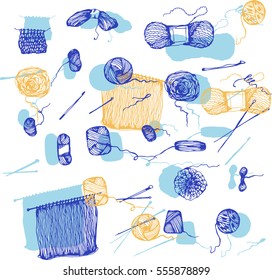 Set of knitting and crafts. Yarn, pins, buttons, thread, needle bar. Hand drawn knitting collection.