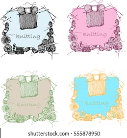 Set of knitting and crafts. Yarn, pins, buttons, thread, needle bar. Hand drawn knitting collection. Logo  design.