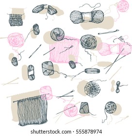 Set of knitting and crafts. Yarn, pins, buttons, thread, needle bar. Hand drawn knitting collection.