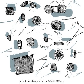 Set of knitting and crafts. Yarn, pins, buttons, thread, needle bar. Hand drawn knitting collection.