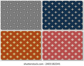 Set of Knitting Detailed Cross vector seamless pattern. Dark Blue Red Pink warm color Black and White Yarns.