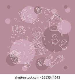 A set with a knitting girl and knitted clothes color. Outline illustration for your projects.
