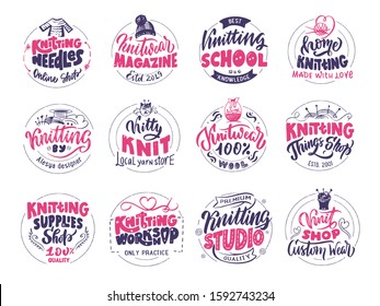 Set of knitting, handmade emblems,  logo, phrases, stamps, labels, badges, stickers. Colorful lettering compositions for shop, postcard, etc. Vector illustration collection. Hand drawn style.