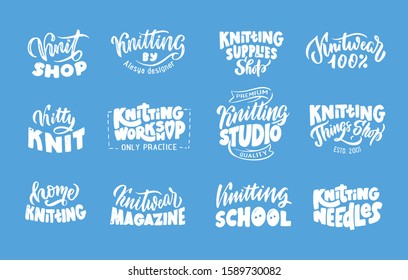 Set of Knitting, handmade emblems, logos, phrases, stamps, labels, badges, stickers. Collection of white lettering compositions. Hand drawn style. Vector illustration.
