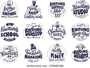 Set of Knitting, handmade emblems, logos, phrases, stamps, labels, badges, stickers. Collection of black lettering compositions. Hand drawn style. Vector illustration.
