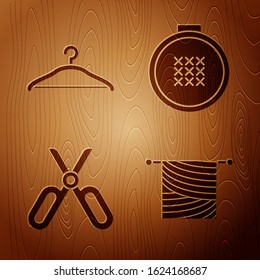 Set Knitting, Hanger wardrobe, Scissors and Round adjustable embroidery hoop on wooden background. Vector