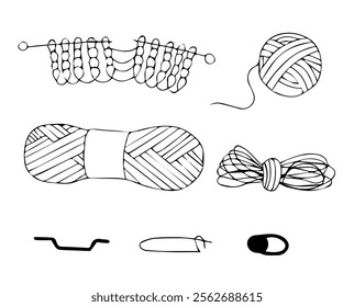 Set of knitting items. Hobby and handicraft concept. Vector illustration in doodle style isolated on white background.