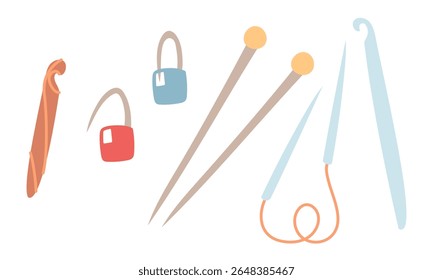 conjunto de itens de tricô. Alfinetes, agulhas de tricô retas e em loop, e ganchos. ilustração de cor plana. Adequado para infográficos, modelos, blogs DIY, design de embalagens, lojas on-line e workshops
