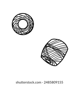 Set of knitting or macrame threads. Hand drawn Vector illustration of two Skeins for Needlework. Illustration in doodle style, isolated on white background. Perfect for knitting, Crafting and Hobby