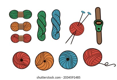 Set for knitting. Multi-colored balls of wool. Knitting needles. Isolated on a white background. Balls of wool in a basket. Knitted product. Pins. Needlework. Hand drawn style. Vector illustration