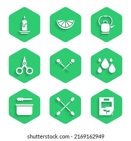 Set Knitting needles, Cotton swab for ears, Leaf document, Water drop, Sauna bucket and ladle, Scissors, Kettle with handle and Burning candle icon. Vector