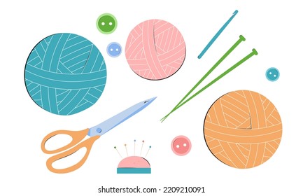 Set of knitting needles. Crochet hook, knitting needles and threads. Set for handmade, hand knitting. Balls of yarn and knitting tools.