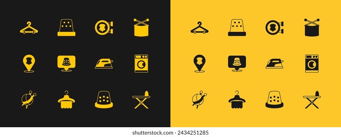 Set Agujas de punto, colgador, plancha eléctrica, dedal para coser, cuero e icono. Vector