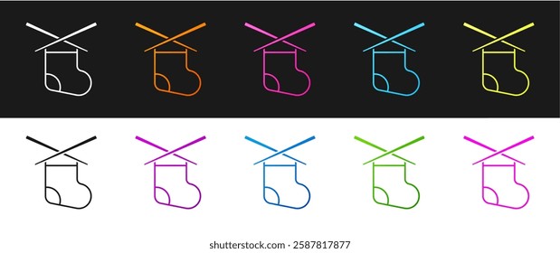 Set Knitting needles icon isolated on black and white background. Label for hand made, knitting or tailor shop.  Vector