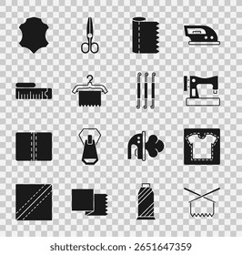 Set Knitting needles, Sewing pattern, machine, Textile fabric roll, Hanger wardrobe, Tape measure, Leather and Crochet hook icon. Vector