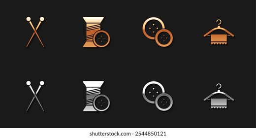 Set Knitting needles, Sewing thread and button,  and Hanger wardrobe icon. Vector