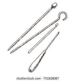 Set of knitting needles, sketch illustration of of accessories for handicrafts. Vector