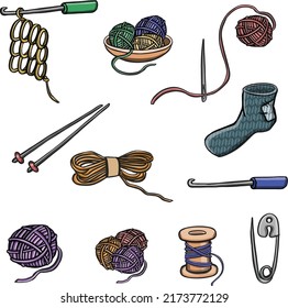 Set of knitting, needlework hobby sewing illustration