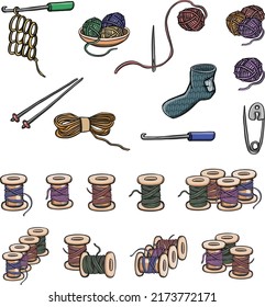 Set of knitting, needlework hobby sewing illustration