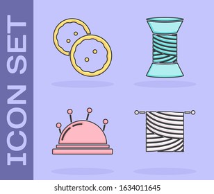 Set Knitting, Sewing button for clothes, Needle bed and needles and Sewing thread on spool icon. Vector