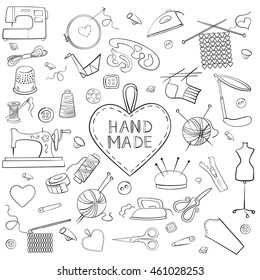 Set of knitting, sewing and needlework  black icons on the white background. Doodles. Vector illustration.