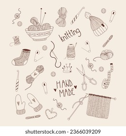 Set von Strick- und Nähwerkzeugen und Zubehör im Doodle-Stil. Handgezeichnete Sammlung
