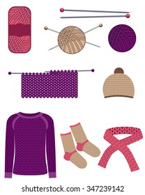 Set knitting. Knitting sweaters, socks, hat and scarf. Vector illustration