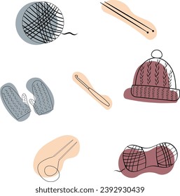 Set of knitting tools, needles, crochet hook, ball of wool, hat, gloves, thread, flat style. Vector illustration