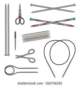 Set of knitting tools. Needles, double points needles, circular needles, scissors.