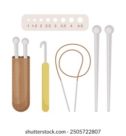 A set of knitting tools, needles, hook, ruler for determining the size of the needles. Vector illustration on white background.