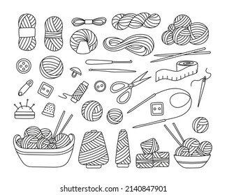 Set of knitting tools in sketch doodle style. Various skeins of yarn, needles and hooks, icon of accessories. Collection of handicraft hobby objects. Isolated hand drawn vector illustration