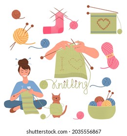 Set of knitting tools. Wool yarns, needles, basket with balls of threads. Girl knits. Illustration in flat style, isolated on white background. Handmade concept.