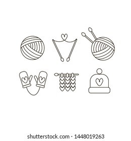 Set of knitting Vector Line Icons. Knitting ball, needles, hat, Mittens, knitted loops. Black outline.
