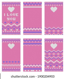 Set of knitting web backgrounds for social media. Happy Valentines Day. Use for stories page. Highlight Covers. Vector illustration.
