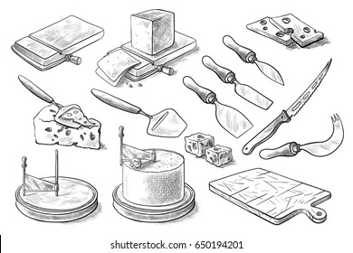 A set of knives for cheese. Vector set for cutting and serving cheese. Blades for slicing cheese