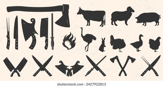 Set of knives and cleavers with silhouettes of farm animals and birds. Elements for logo in vintage style. Suitable for butcher store, restaurant. Vector EPS 10