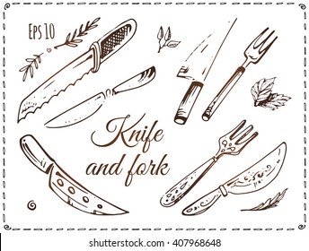 set of knives and forks. bread knife. seasonings leaves. hand-drawn ink. vintage style. decoration for the menu. isolated vector