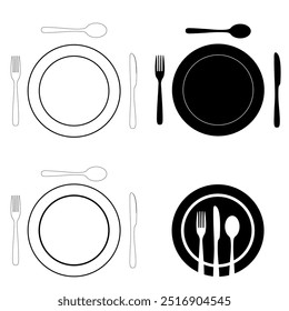 Conjunto de cuchillos, tenedores y cucharas con un plato en blanco y negro, y versiones de silueta aisladas sobre un fondo blanco