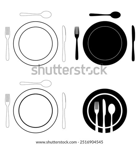 Set of Knives, Forks and spoons with a plate in Black and white, and silhouette versions isolated on a white background