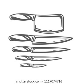 Set of knives isolated on white background. Symbol for cooking design logo and emblem. Vector illustration