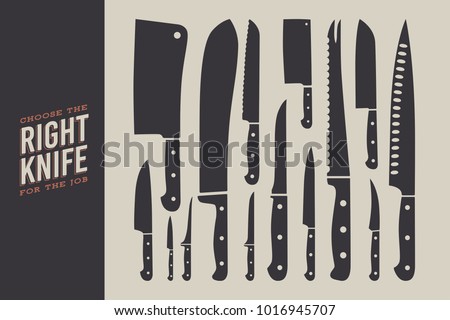 Set of knives. Kitchen accessories isolated on light background. Chef's knife, santoku, bread knife, meat cleaver, chinese shopper, steak and butcher knife. Vector illustration.