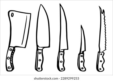 A set of knives. Kitchen equipment isolated. Chef knife, santoku, bread knife, meat laver, Chinese buyer, steak and butcher knife. Vector hand drawn doodle illustration. Set of butcher knives.