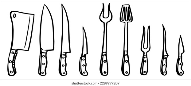 Un conjunto de cuchillos. Equipamiento de cocina aislado. Cuchillo de chef, santoku, cuchillo de pan, lavadora de carne, comprador chino, bistec y cuchillo de carnicero. Ilustración del doodle dibujada a mano por vectores. Juego de cuchillos de carnicero.