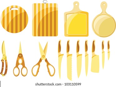 A set of knives and kitchen plates in yellow on a white background of individual elements of kitchen utensils
