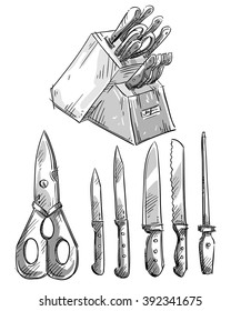 Set of knives. Kitchen utensils. Vector sketch