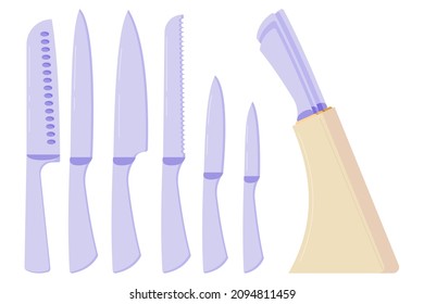 A set of knives and a knife stand, knives for meat and fish, bread, vegetables and fruits of different sizes and with different blades. Vector illustration
